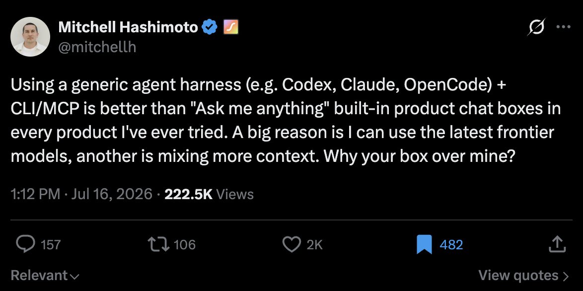A post from Mitchell Hashimoto arguing that a generic agent harness plus CLI or MCP beats the built-in chat box in every product he has tried