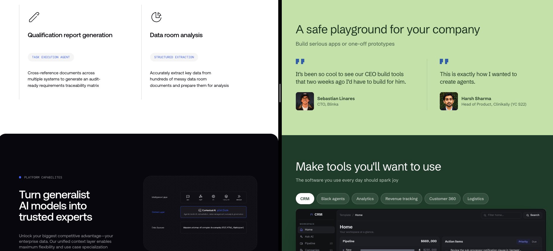 Side by side comparison of contextual.ai and railcode.dev light-to-dark section transitions