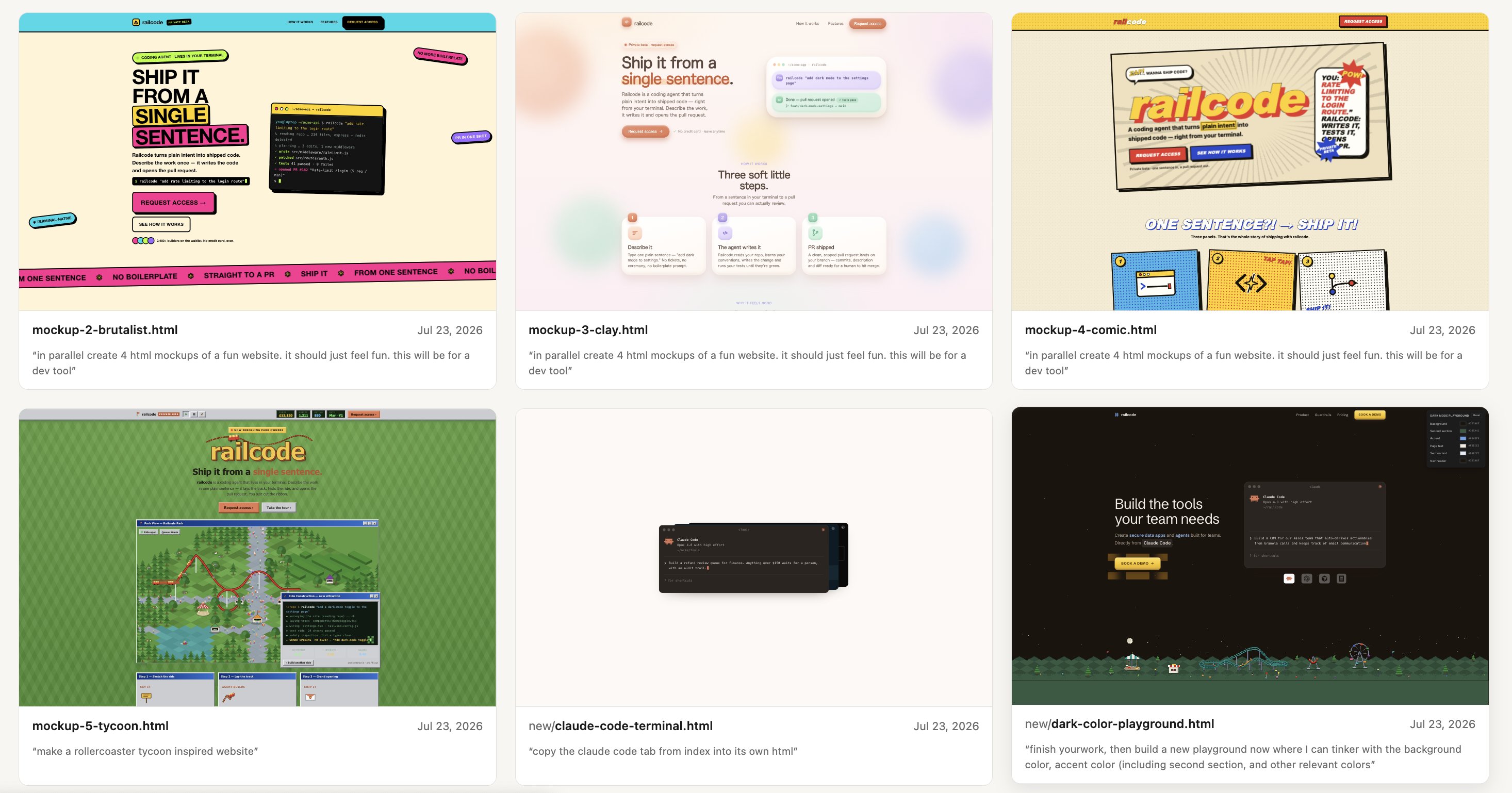 An index page showing every website prototype alongside the prompt that generated it